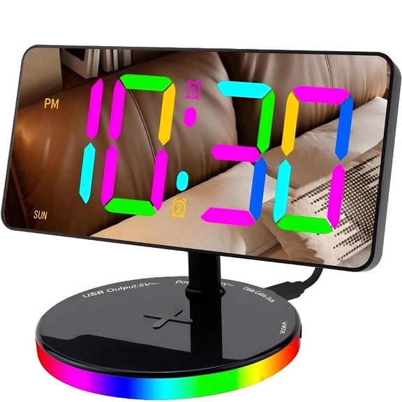 Digital Alarm Clock with Wireless Charging, Bedside Mirrored LED Desk Clock, RGB Night Light, Adjustable Brightness, Dual Alarm, Digital Alarm Clock for Bedroom Living Room Home Office School, Black
