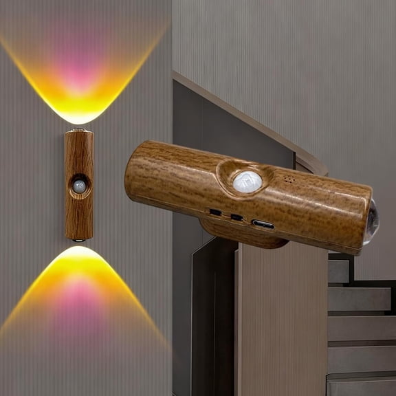 Smart Ambient Motion Sensor Light No-Drill Install for Home Closets,Rechargeable Punch-Free Night Light for Dark Cabinets, Wardrobes & Stairs(LR 1Pc,Walnut, 7-Color)