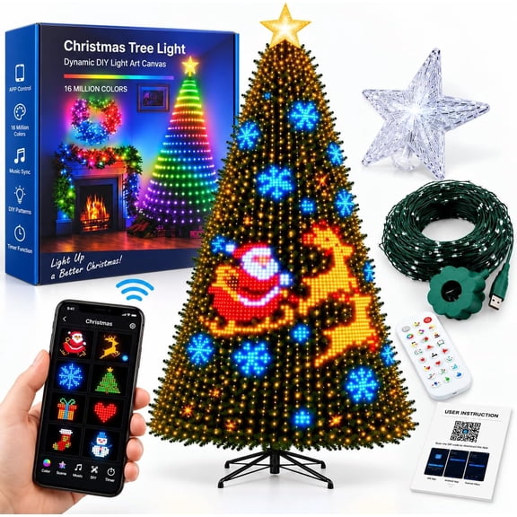 Smart Animated Christmas Tree Lights, Controllable Via Phone App, 400 LED Addressable RGB String Lights with Remote, DIY Pixel Patterns, Music Sync, USB Powered for Indoor Christmas Decor