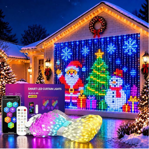 Smart Animated LED Christmas Curtain Lights - 400 LEDs App & Remote ...