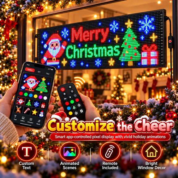 Smart App-Controlled Christmas LED Pixel Display, Flexible Programmable RGB LED Panel with Remote Control, Animated Pixel Screen for Holiday Window Car Wall Home Indoor Decoration