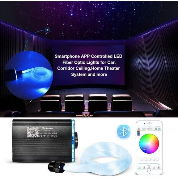 Smart App-Controlled Fiber Optic Lights, LED Fiber Optic Star Ceiling Light Kit with Remote Control, 200 Pieces of 7-foot (approximately 2.0 meters) 0.0-inch RGBW Fiber Optic Cables and Music Light E
