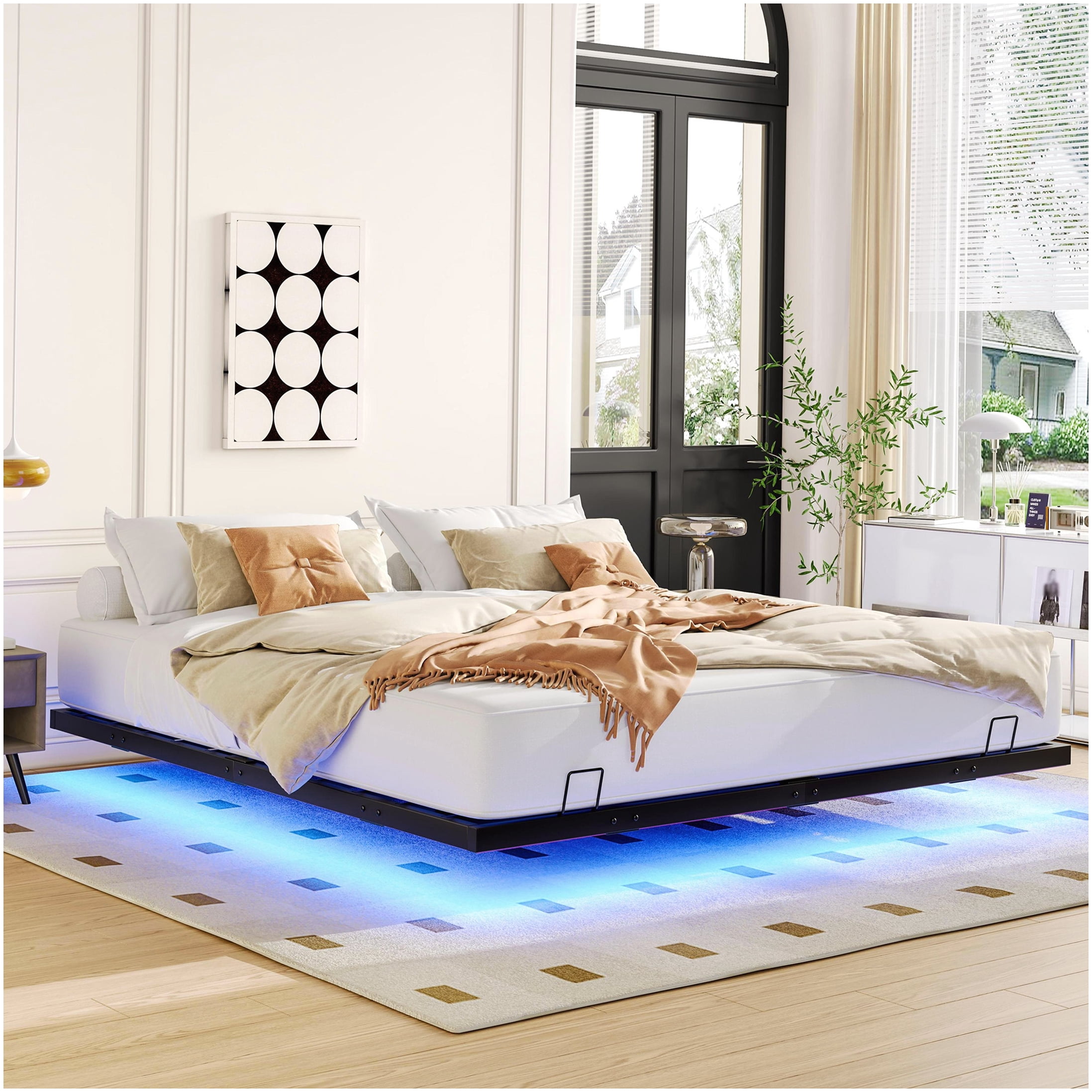 Smart App Controlled King Size Floating Bed Frame with LED Lights, Heavy Duty 1000lbs Capacity Metal Platform Base, No Box Spring Needed