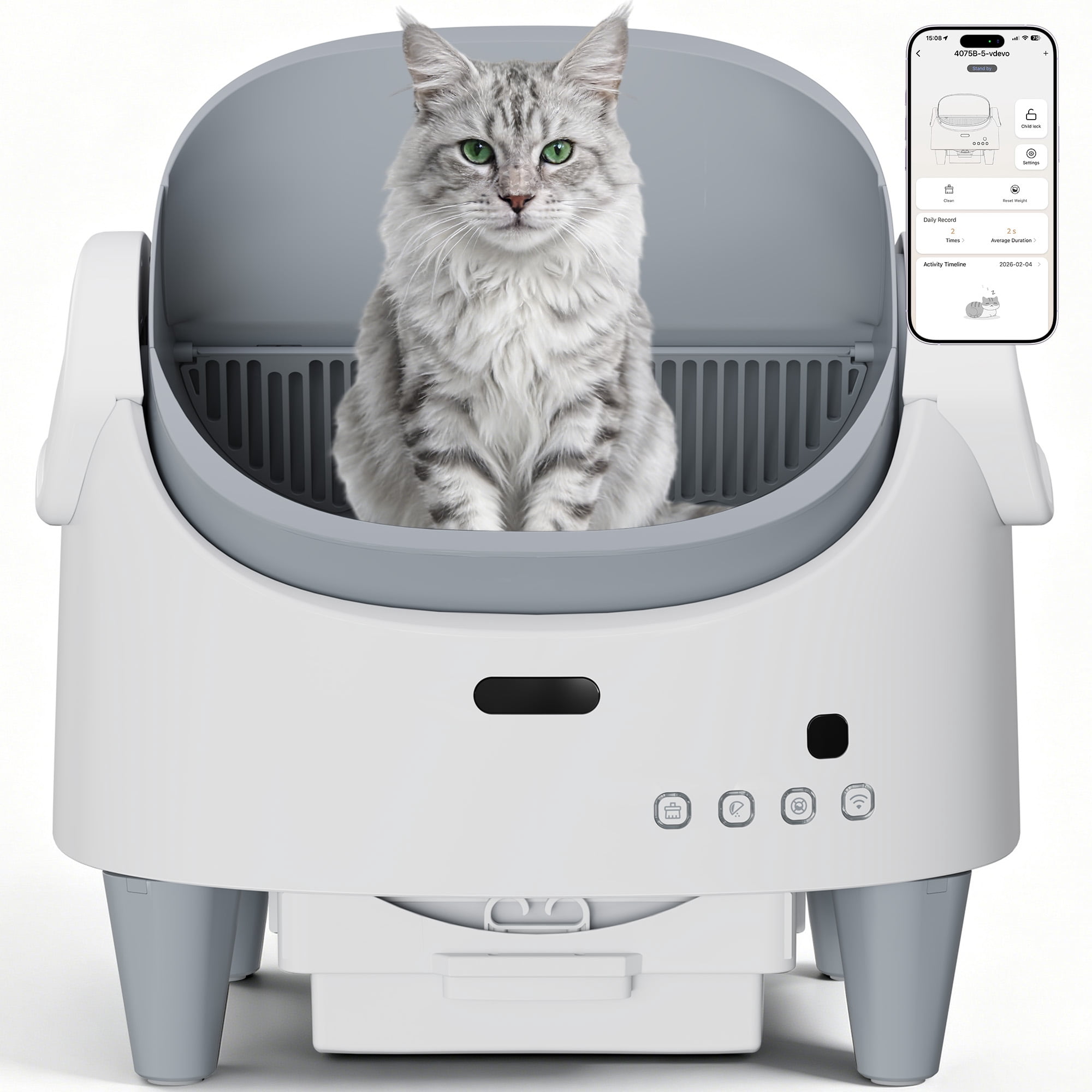 Smart App Controlled Self-Cleaning Litter Box, Automatic Odor-Control Cat Toilet with Large Waste Bin & Liners, Open-Top Design for One or Multiple Cats，White