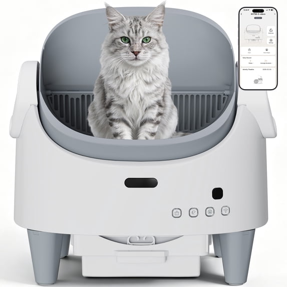 Smart App Controlled Self-Cleaning Litter Box, Automatic Odor-Control Cat Toilet with Large Waste Bin & Liners, Open-Top Design for One or Multiple Cats,White