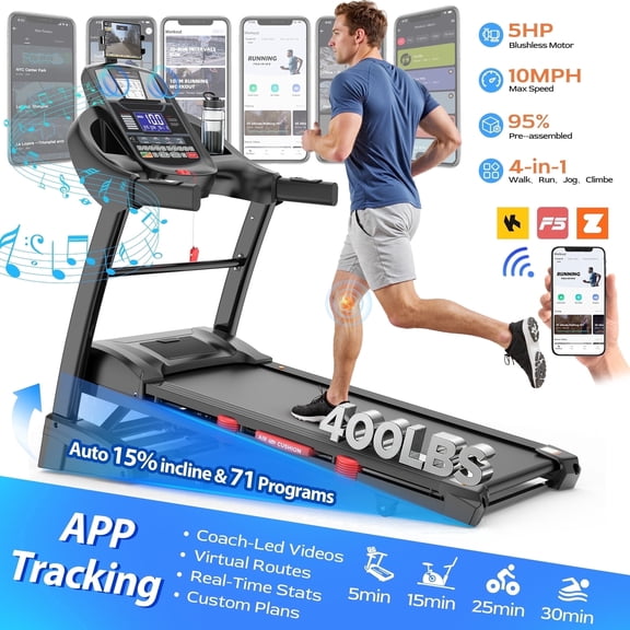 5HP Foldable Treadmill for Home/Office, Treadmill with 15% Auto Incline, APP Control, 400lbs Capacity, 71 Programs, Walking Running Treadmill, Knee Strap Gift