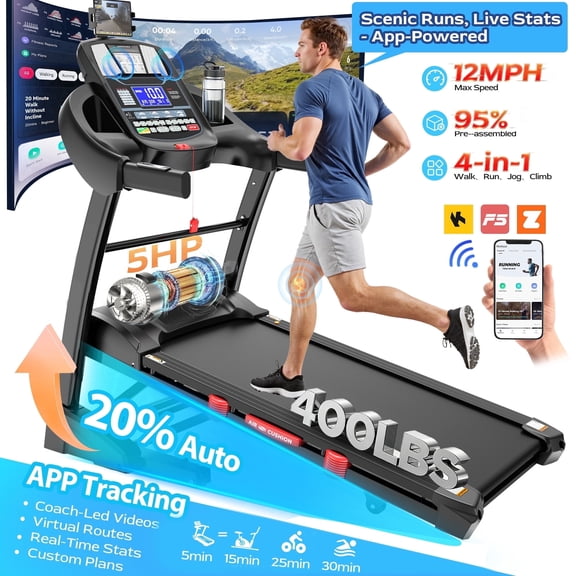 5.1HP Foldable Treadmill for Home, Treadmill with 20% Auto Incline Exercise Treadmill, APP Control, 400 lbs Capacity, 12 MPH Walking Running Machine for Small Space, 71 Programs, Bonus Knee Strap