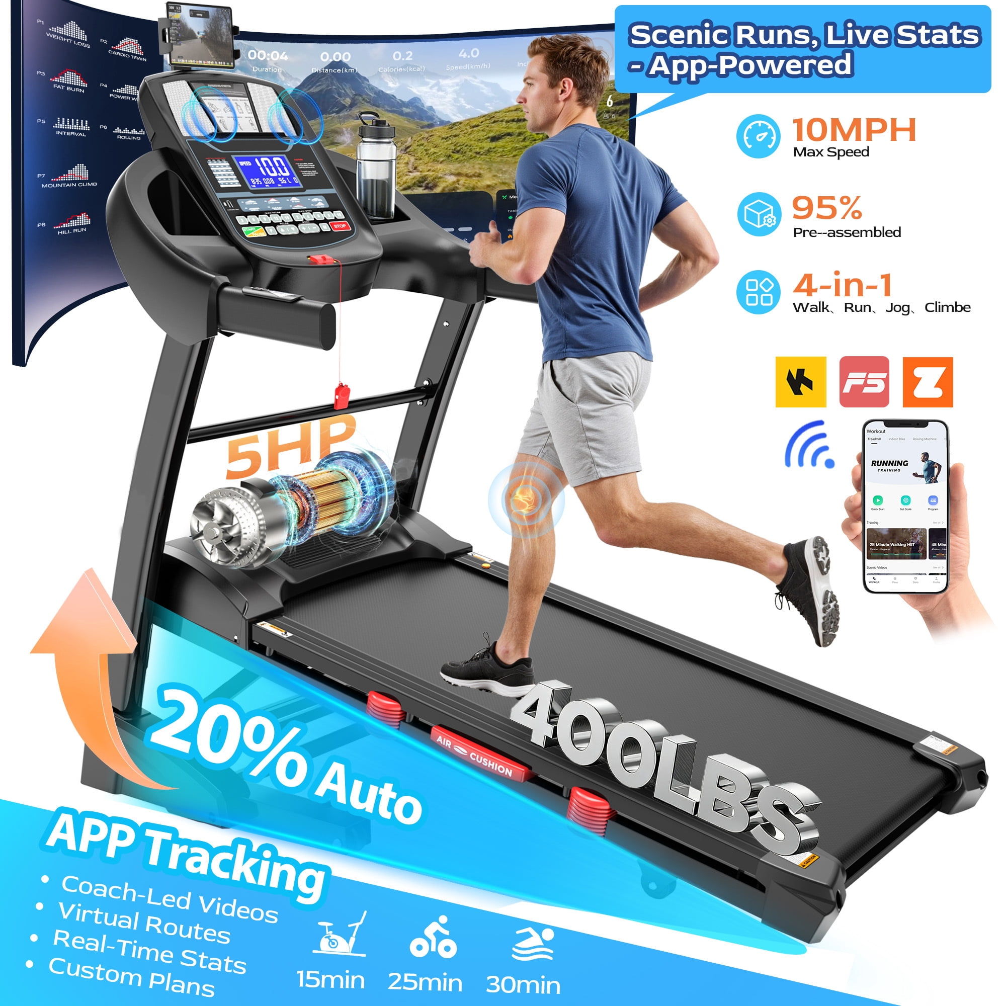 5HP Foldable Treadmill for Home, Treadmill with 20% Auto Incline Exercise Treadmill, APP Control, 400 lbs Capacity, 12 MPH Walking Running Machine for Small Space, 71 Programs, Bonus Knee Strap