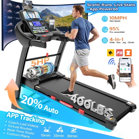5HP Foldable Treadmill for Home, Treadmill with 20% Auto Incline Exercise Treadmill, APP Control, 400 lbs Capacity, 12 MPH Walking Running Machine for Small Space, 71 Programs, Bonus Knee Strap