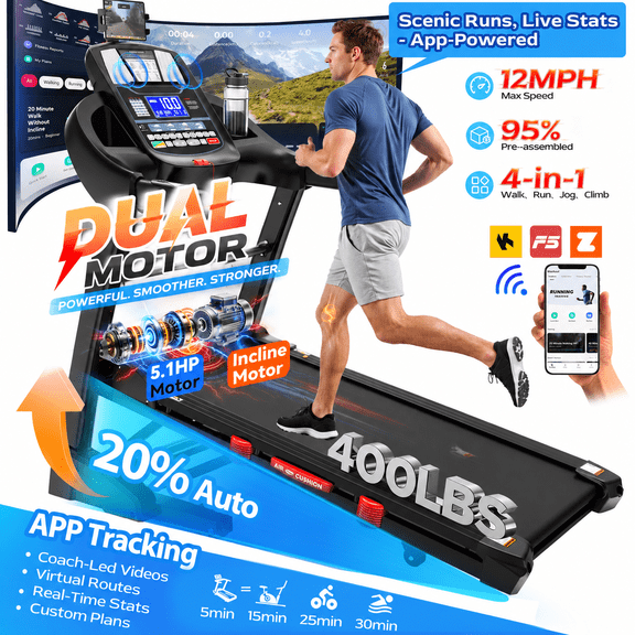 5.1HP Foldable Treadmill for Home, Treadmill with 20% Auto Incline Exercise Treadmill, APP Control, 400 lbs Capacity, 12 MPH Walking Running Machine for Small Space, 71 Programs, Bonus Knee Strap