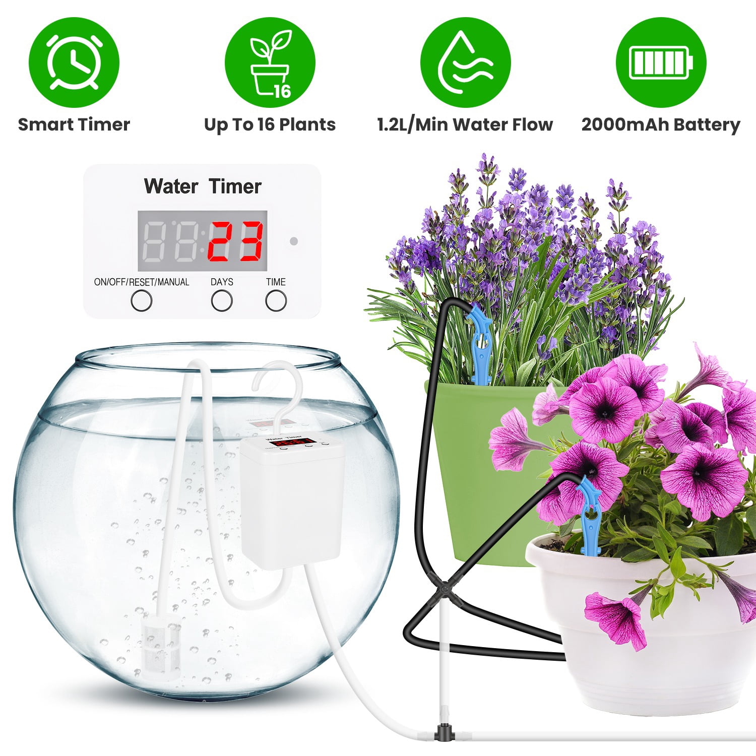Smart Auto Plant Watering Device Low Noise 4W Efficient Drip Irrigation Kit with Low Water & Low Battery Alarm, 16 Drip Arrows for Indoor Balcony Greenhouse