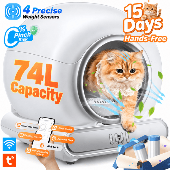Automatic Litter Box with App Control & Touch Panel, 65L+9L Large Capacity Self Cleaning Litter Box, Odor Control, Health Monitoring for Multi-Cat Homes, Smart Litter Box