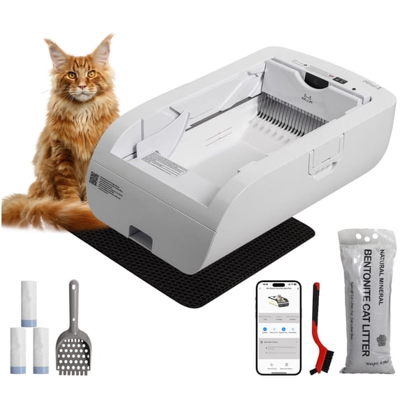 Smart Automatic Cat Litter Box with Wide Opening, Self-Cleaning Electric Cat Toilet with WiFi App Control and Smart Sensor, Enclosed Washroom Furniture for Multiple Cats, Cream White