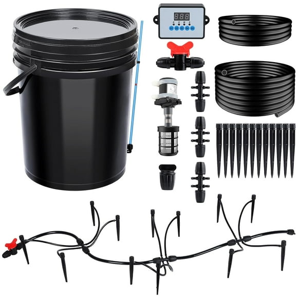 Smart Automatic Drip Irrigation System Kit - 5 Gallon Large Capacity Water Tank + Electronic Timer + Silent Water Pump with 12 Dripper Heads + 65.6ft Drip Hose Suitable for Indoor Plants/Lawns