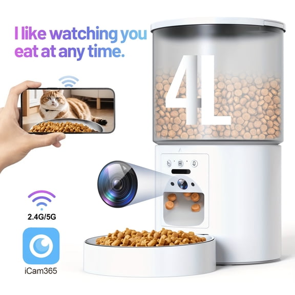 Smart Automatic Pet Feeder with WiFi Camera | 1296P FHD Night Vision & Voice Recording | 5G/2.4G Wi-Fi, App Control | Stainless Steel Bowl, Dry Food Dispenser for Cats & Dogs