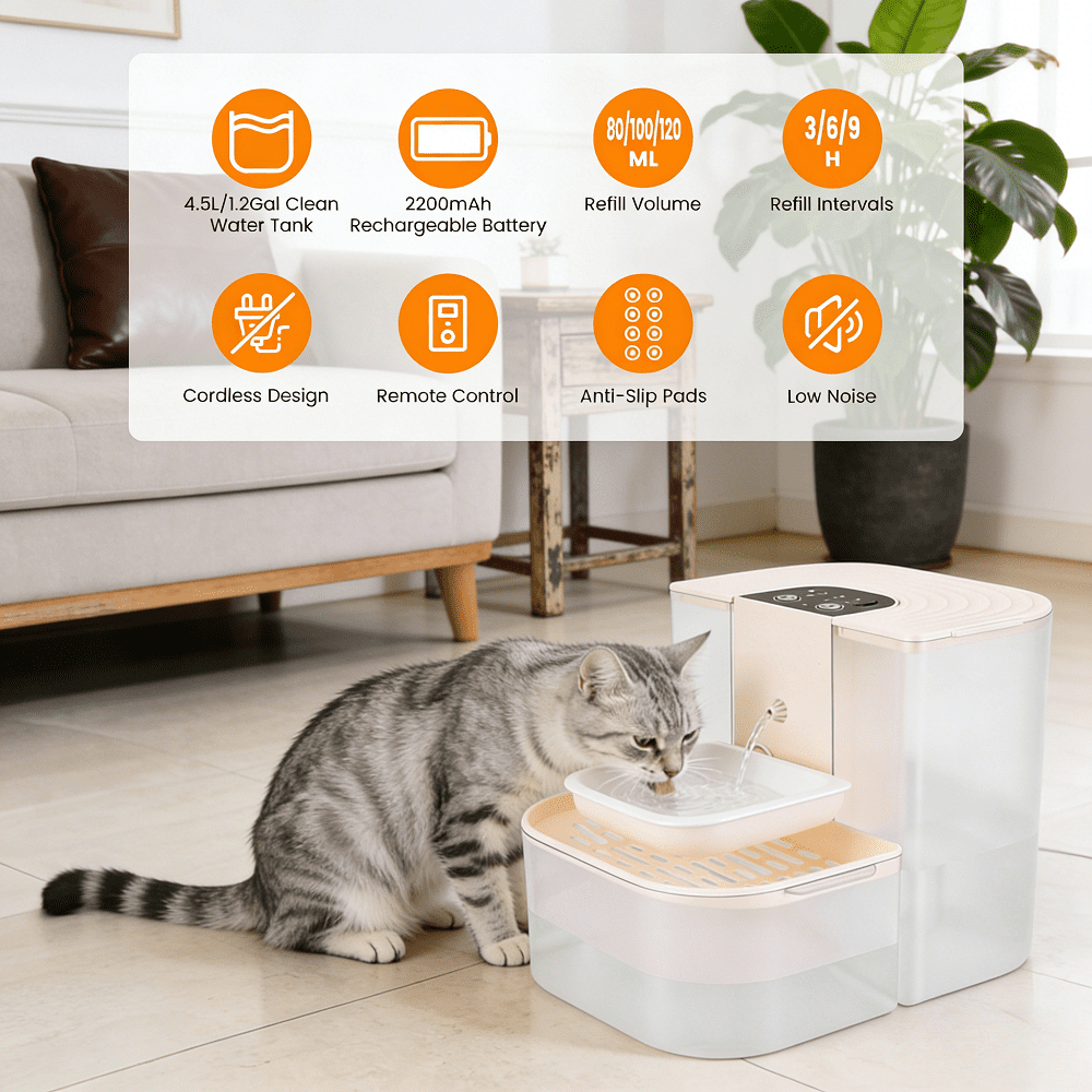Smart Automatic Pet Water Dispenser Dual Tank 4.5L Cordless Rechargeable Remote Control Ceramic Bowl Cats Dogs 15Day Battery Life 2Hr Charge Quiet Operation Creamy Color 11In For Home Use