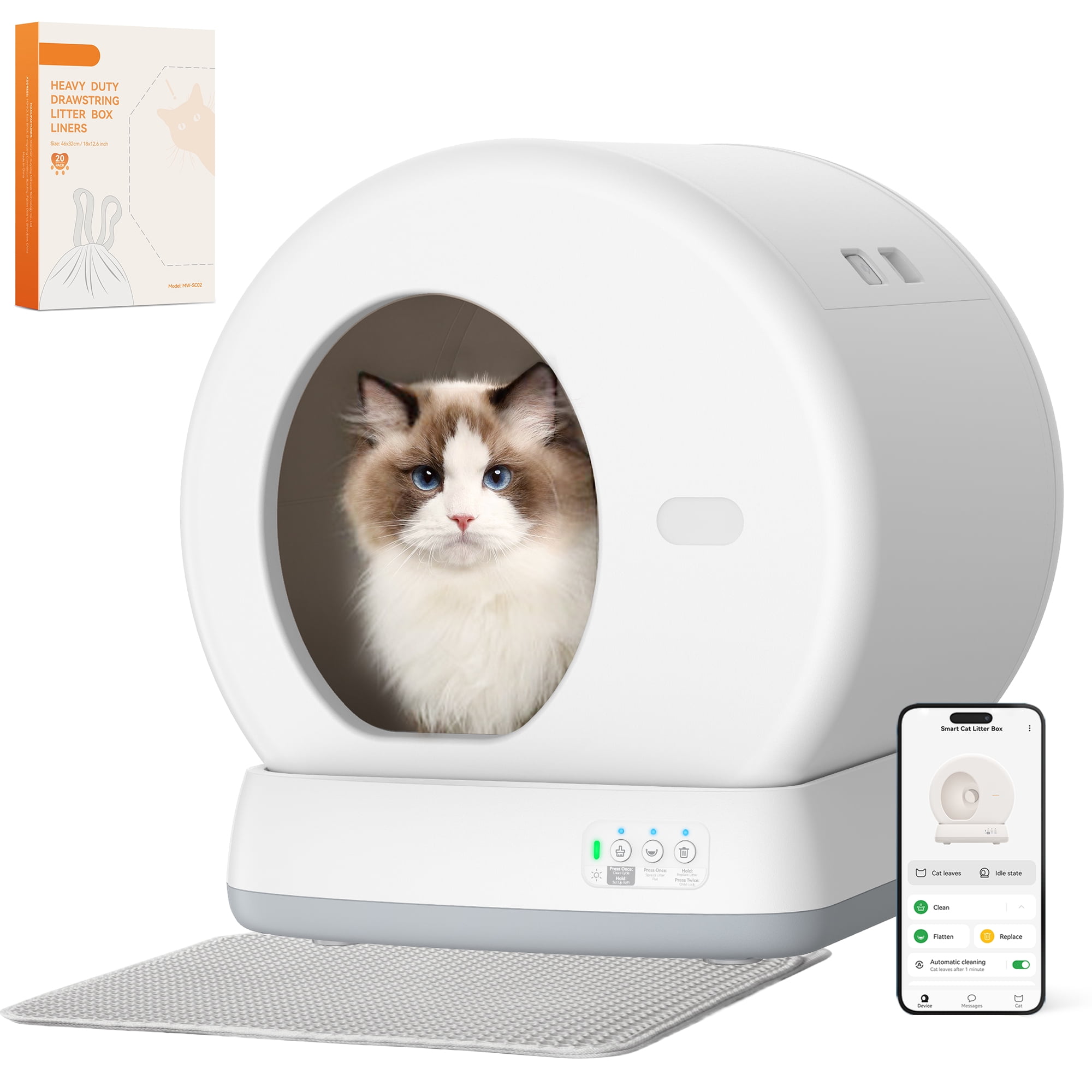 Smart Automatic Self Cleaning Cat Litter Box APP Control Integrated Safety Protection White