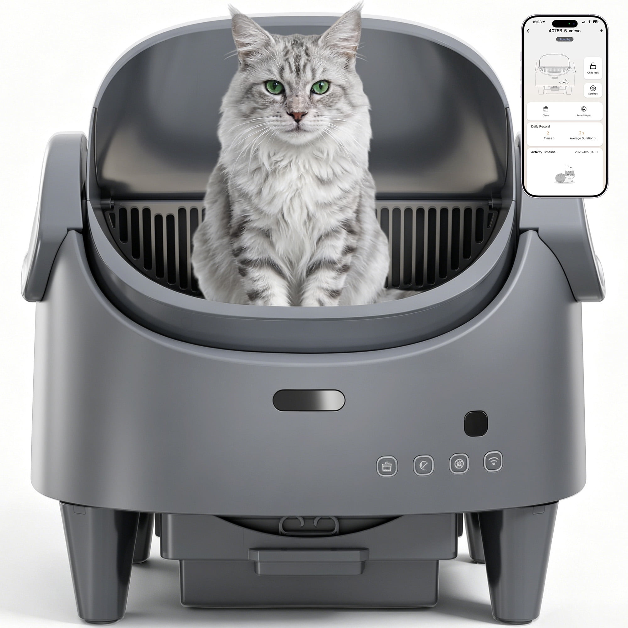 Smart Automatic Self-Cleaning Cat Litter Box, Open Top with APP Control & Adjustable Entry Height for Large Cats