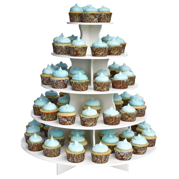The Smart Baker - Adjustable, Reusable 5 Tier Round Cupcake & Dessert Tower Display Stand, White - Holds up to 90+ Cupcakes