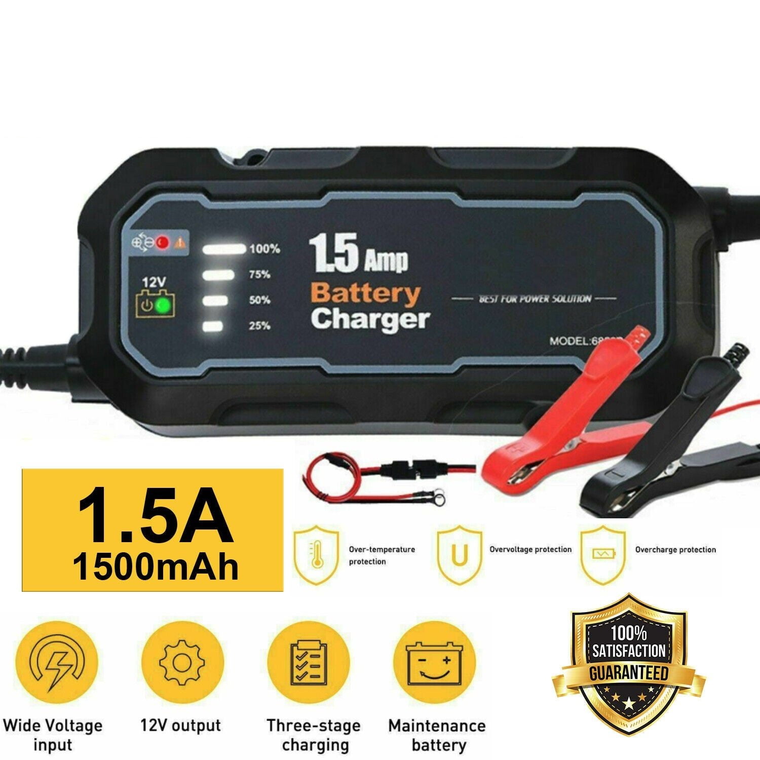 Smart Battery Charger and Maintainer 12V, 1.5A Fully Automatic, 4-Stage Trickle Charger for Car, Marine, Lawn Mower & Lead-Acid Batteries (AGM, GEL)