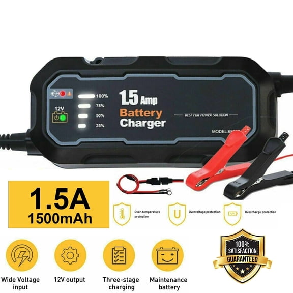 Smart Battery Charger and Maintainer 12V, 1.5A Fully Automatic, 4-Stage Trickle Charger for Car, Marine, Lawn Mower & Lead-Acid Batteries (AGM, GEL)