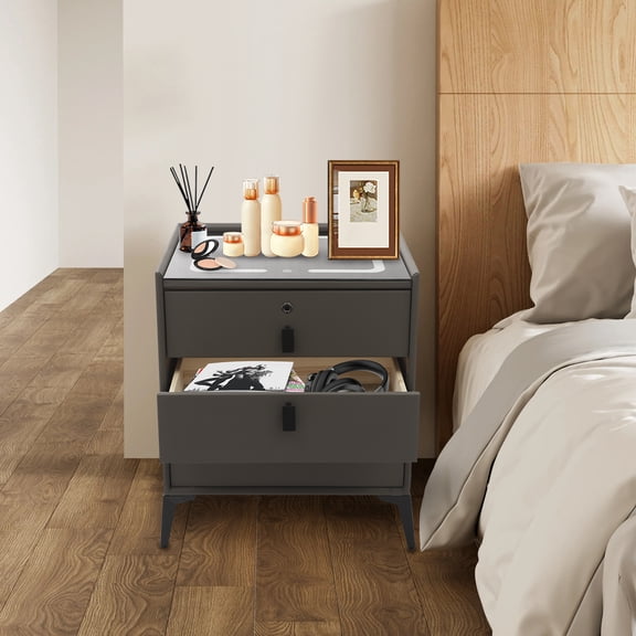 Smart Bedside Table, Bedside Side Table, Smart Bedside Table with Drawers, Three-color Light, USB&Wireless Charging, Fingerprint Lock, and Bluetooth Speaker 50*40*59cm/19.69*15.75*23.23in