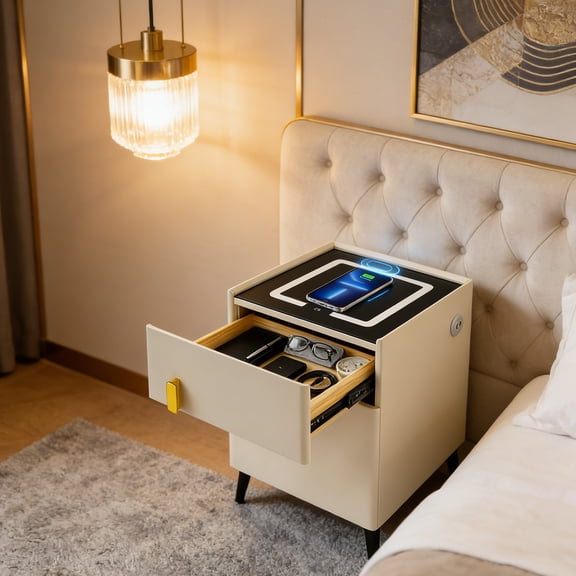 Smart Bedside Table, Phone Charging Bedside Cabinet, Bedside Cabinet with Safe, Combination Lock 40*40*50cm/16*16*20in