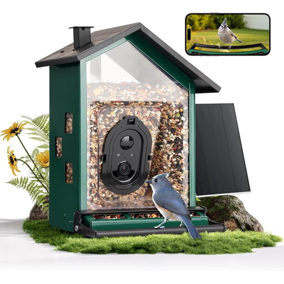 Smart Bird Feeder with 1080P HD Camera, Solar Powered Squirrel Proof Bird Feeder, AI Bird Species Recognition, 3.2L Large Capacity Weatherproof Metal Bird Watching Camera Feeder for Outdoor Wild Bird