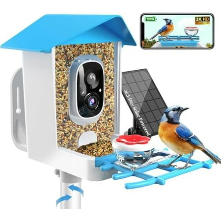 Smart Bird Feeder with Camera - 2K Live Stream, AI Species Recognition, Solar-Powered, Motion Alerts, Squirrel-Proof Weight-Sensor + Large Capacity, Weatherproof Design for Birds Lover