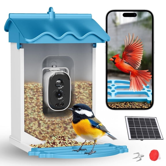 Smart Bird Feeder with Camera, 4K Ultra HD Live Video Wild Bird House with AI Recognition of 8000+ Species,Solar Powered Wireless Bird Camera,Squirrel Deterrent,Auto Capture,Ideal Gift,Blue