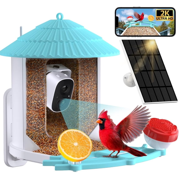 Smart Bird Feeder with Camera, AI Bird Species Identification, 5W Solar Panel, 2K HD Video Live Stream Camera, Full Color Night Vision, 32G Card Included, Instant Arrival Alerts, 2.4Ghz Wi-Fi Only