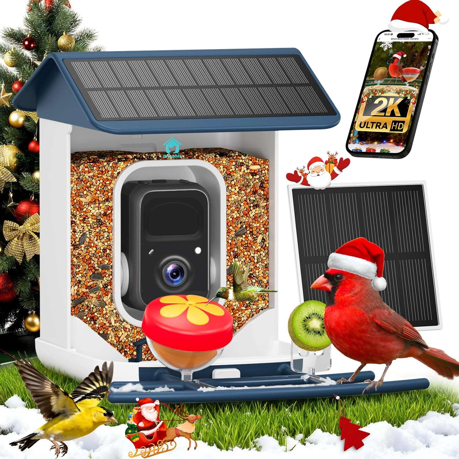 Smart Bird Feeder with Camera-AI Identify 11,000+ Species, 2K HD Auto Capture Birds Video & 64G TF Card, Solar-Powered Wireless Outdoor Design, Birdhouse with Built-in Two-Way Microphone