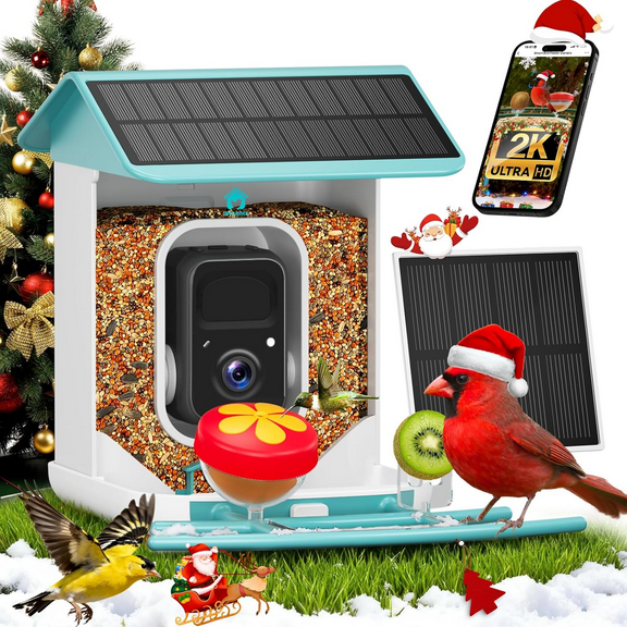 Smart Bird Feeder with Camera-AI Identify 11,000+ Species, 2K HD Auto Capture Birds Video & 64G TF Card, Solar-Powered Wireless Outdoor Design, Birdhouse with Built-in Two-Way Microphone