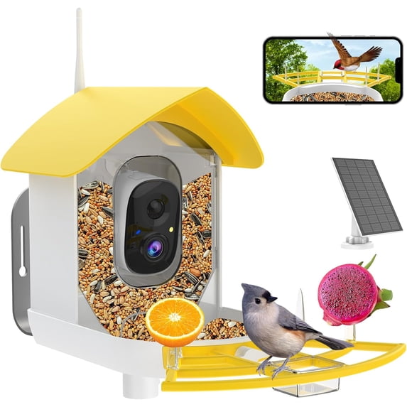 Smart Bird Feeder with Camera, AI Identify Bird Breed, Solar-Powered WiFi FHD 2K Live Camera, Auto Capture Backyard Garden Bird Watching, IP65,Motion Detection, Cloud and SD Card Storage