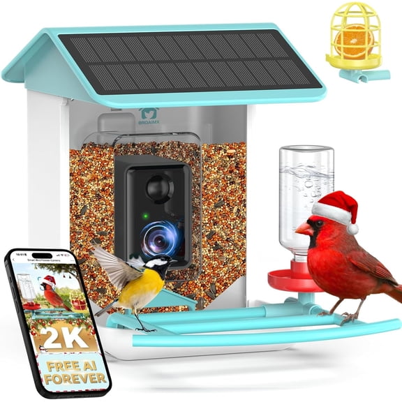 Smart Bird Feeder with Camera Solar Powered 2K HD & 5MP Night VisionBird Camera Feeder with AI Bird Identification Night Vision Live View 64GB Card Outdoor Camera Bird Feeder for Bird Lovers