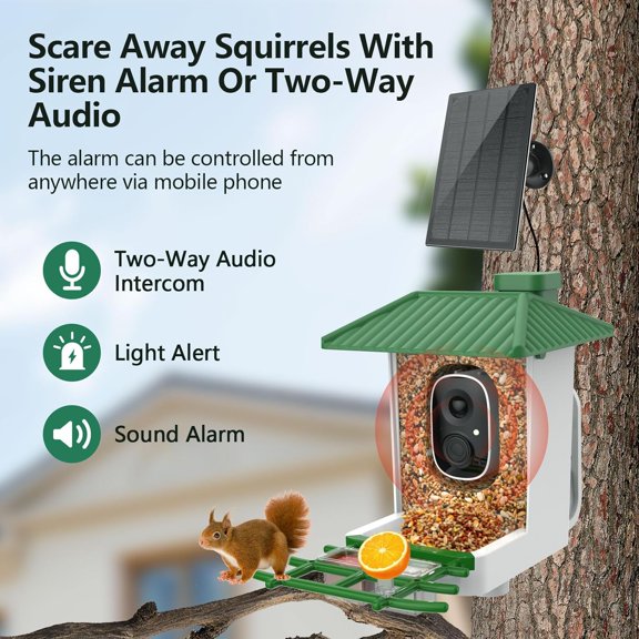 Smart Bird Feeder with Camera Solar Powered, 2K HD WiFi Live View Bird Feeders for Outdoors, AI Birds Recognition & Instant Alerts,Weatherproof Design Best Gift for BirdLovers & Garden Birdwatching