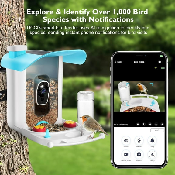 Smart Bird Feeder with Camera Solar Powered, AI Identify Bird Species Camera Bird Feeders for Outside,  Notifications Bird House with Camera, IP65 Weatherproof Bird Watching Gifts