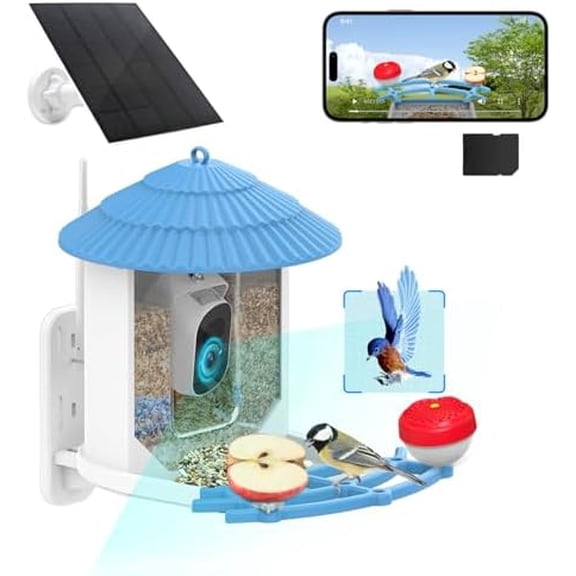 Smart Bird Feeder with Camera, Solar Powered Birds Watching Camera, 2K Night Vsion, AI Identify, Auto Capture & Live Video Watch Birds, Built-in TF, Ideal Gift for Outdoor Bird Watching Lover