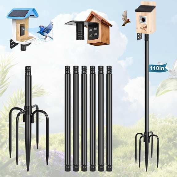 Smart Bird Feeder Pole 1-Inch Dia 110 Inch Bluebird House Pole for Outdoors Weather Station Heavy Duty Metal Mounting Kit Adjustable Bird Feeder Stand Black