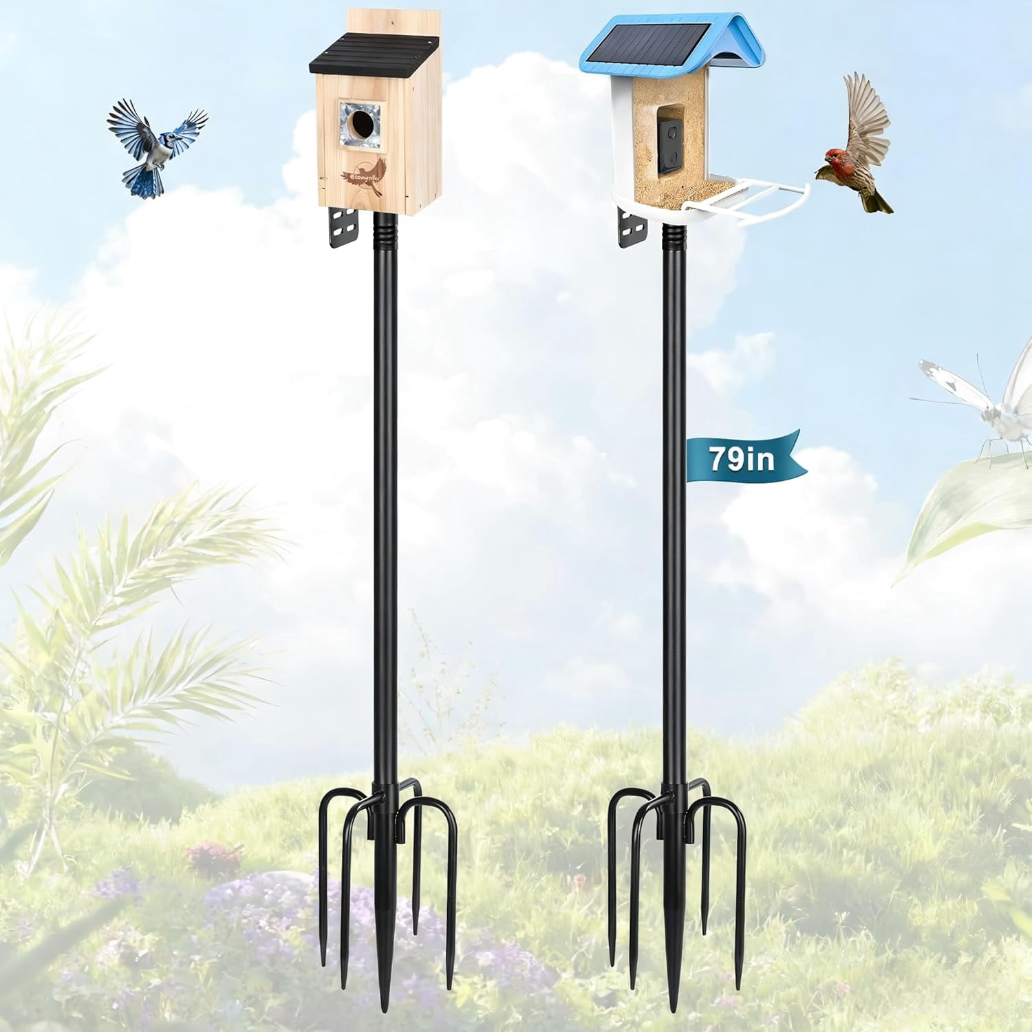 Smart Bird Feeder Pole 1-Inch Dia 2 Pack 79 Inch Bluebird House Pole for Outdoors Weather Station Heavy Duty Metal Mounting Kit Adjustable Bird Feeder Stand Black