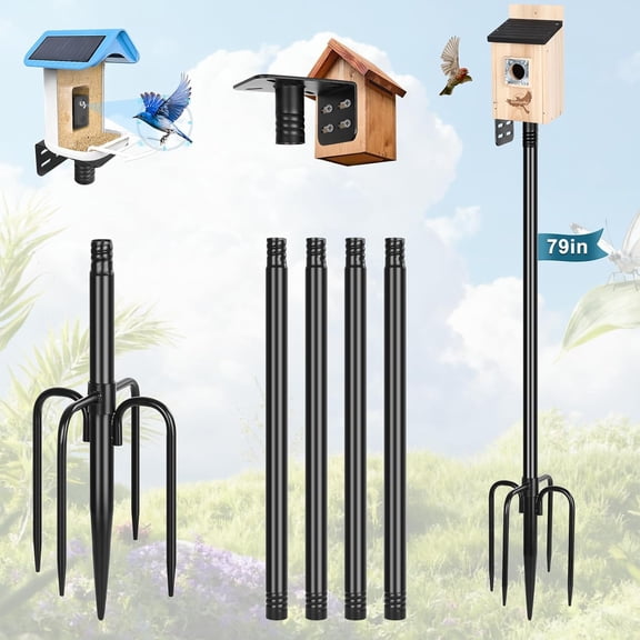 Smart Bird Feeder Pole 1-Inch Dia 79 Inch Bluebird House Pole for Outdoors Weather Station Heavy Duty Metal Mounting Kit Adjustable Bird Feeder Stand Black