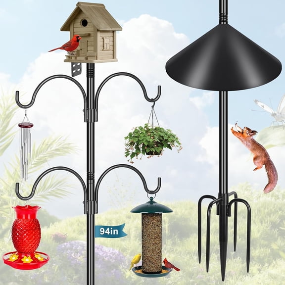 Smart Bird Feeder Pole Squirrel Proof 1-Inch Dia 94 Inch with 4 Shepherds Hooks Hanging Bluebird House Pole for Outdoors Squirrel Baffles for Feeders Metal Heavy Duty Mounting Kit