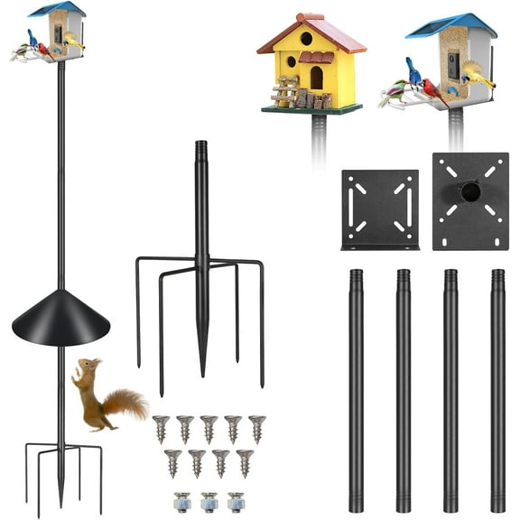 Smart Bird Feeder Pole Stand 79In,Adjustable Height Metal Bird House Pole for Outdoor Garden with Multiple Mounting Options (Black, Round Squirrel Baffle - High 79in)