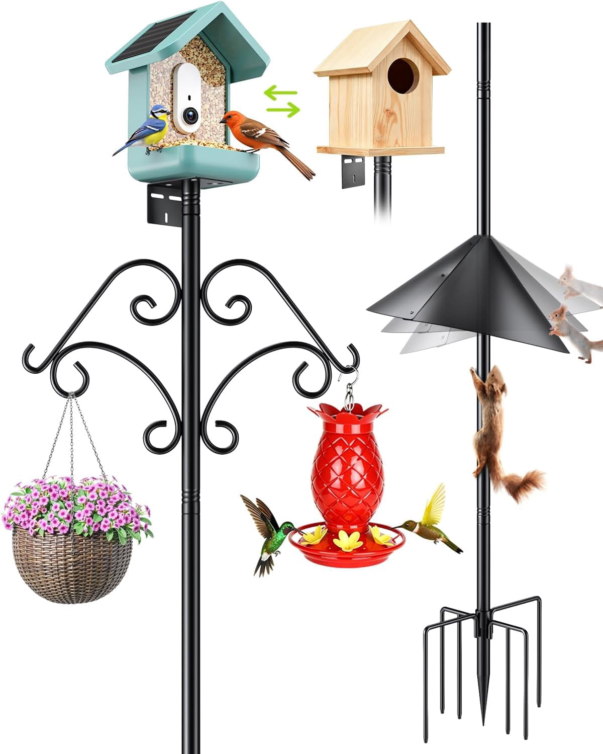 Smart Bird Feeder Pole Stand - 92 Inch Heavy Duty Bird House Pole with Squirrel Proof Baffle Shepherd Hooks for Outdoor - Adjustable Bird Feeding Station for Hanging Feeders Plants Wind Chimes