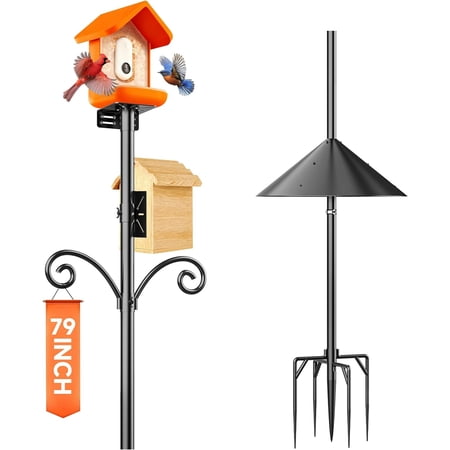 Smart Bird Feeder Pole Stand with Proof Squirrel Baffle - Dia 1 Inch Bird House Pole Mount 79", Double Shepherds Hooks Component, Install 2 Bird Houses, Feeding Station for Outdoors Heavy Duty