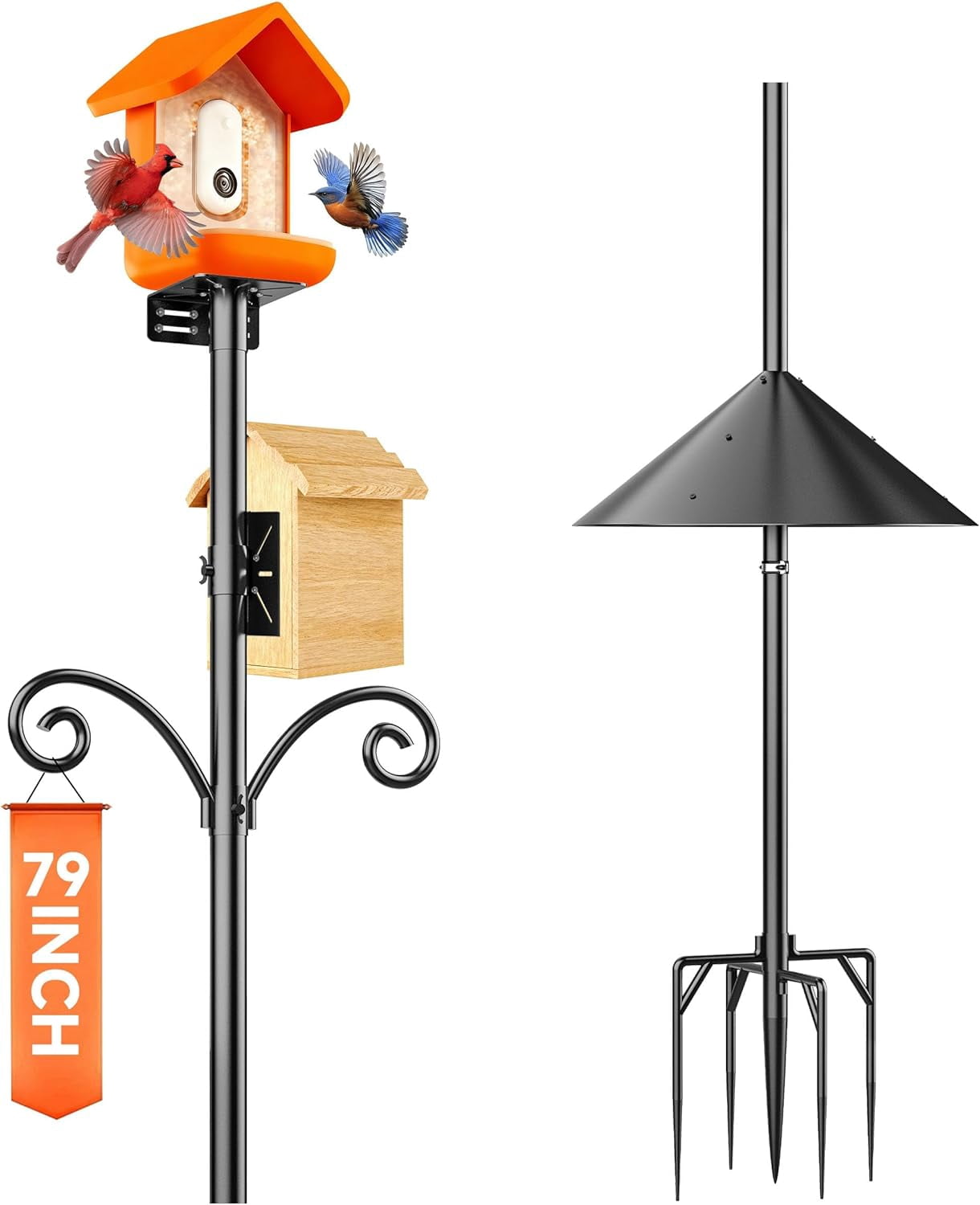 Smart Bird Feeder Pole Stand with Proof Squirrel Baffle - Dia 1 Inch House Mount 78", Double Shepherds Hooks Component, Install 2 Houses, Feeding Station for Outdoors Heavy Duty