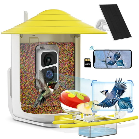Smart Bird Feeder with Camera & Solar Panel, Motion Activated Alerts, Auto Capture Videos, Bird Lover Gift, Yellow