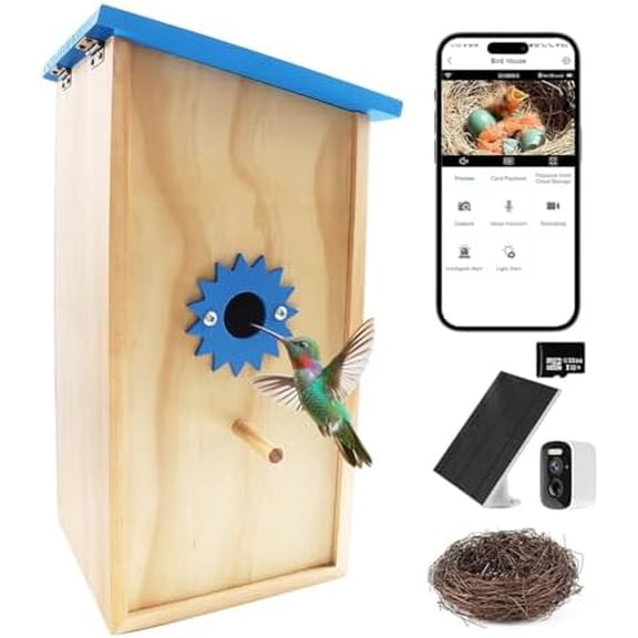 Smart Bird House with Camera Solar Powered, Birdhouse with 1080P HD Camera Wireless, Auto Capture Bird Videos & Motion Detection and App Notify, Wooden Birdhouses for Bluebirds and Sparrows