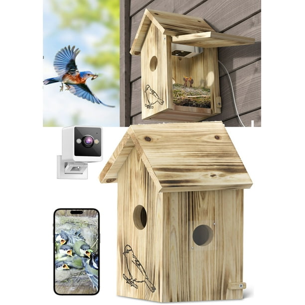 Smart Bird House with Camera, Wood Bird House with Nest Auto
