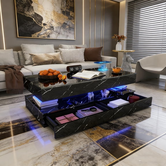 Smart Black Coffee Table with 24-Color LED Lighting, Wireless Charger and Bluetooth Speaker, Faux Marble Top with Storage, Modern Living Room Center Table